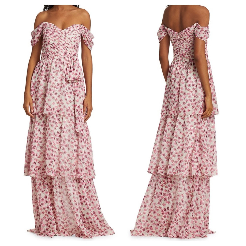 Monique Lhuillier Blush Floral Off-Shoulder Maxi Dress